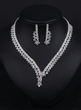 新款锆石气质白色新娘项链耳环套装简约礼服晚宴舞台影楼摄影配饰