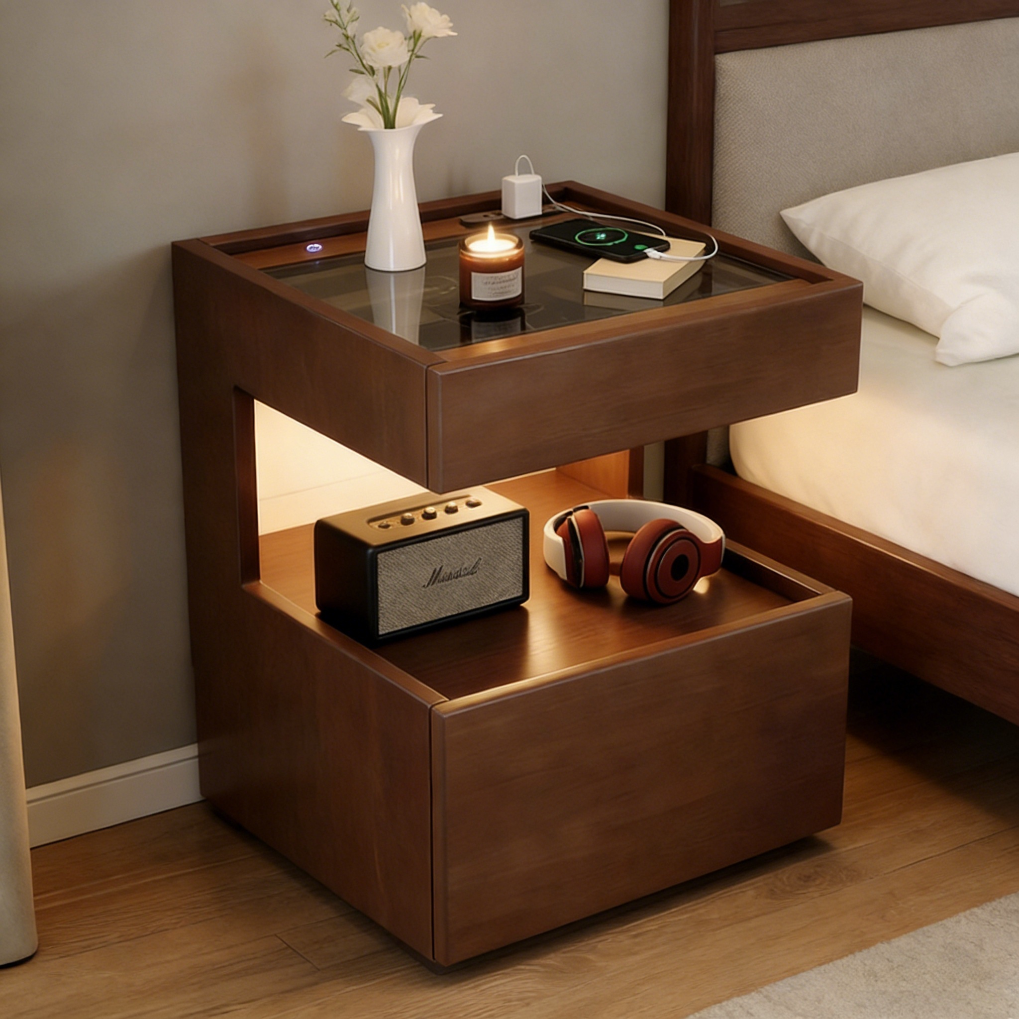 实木床头柜家用卧室置物架2026新款轻奢高级感悬浮智能床边储物柜
