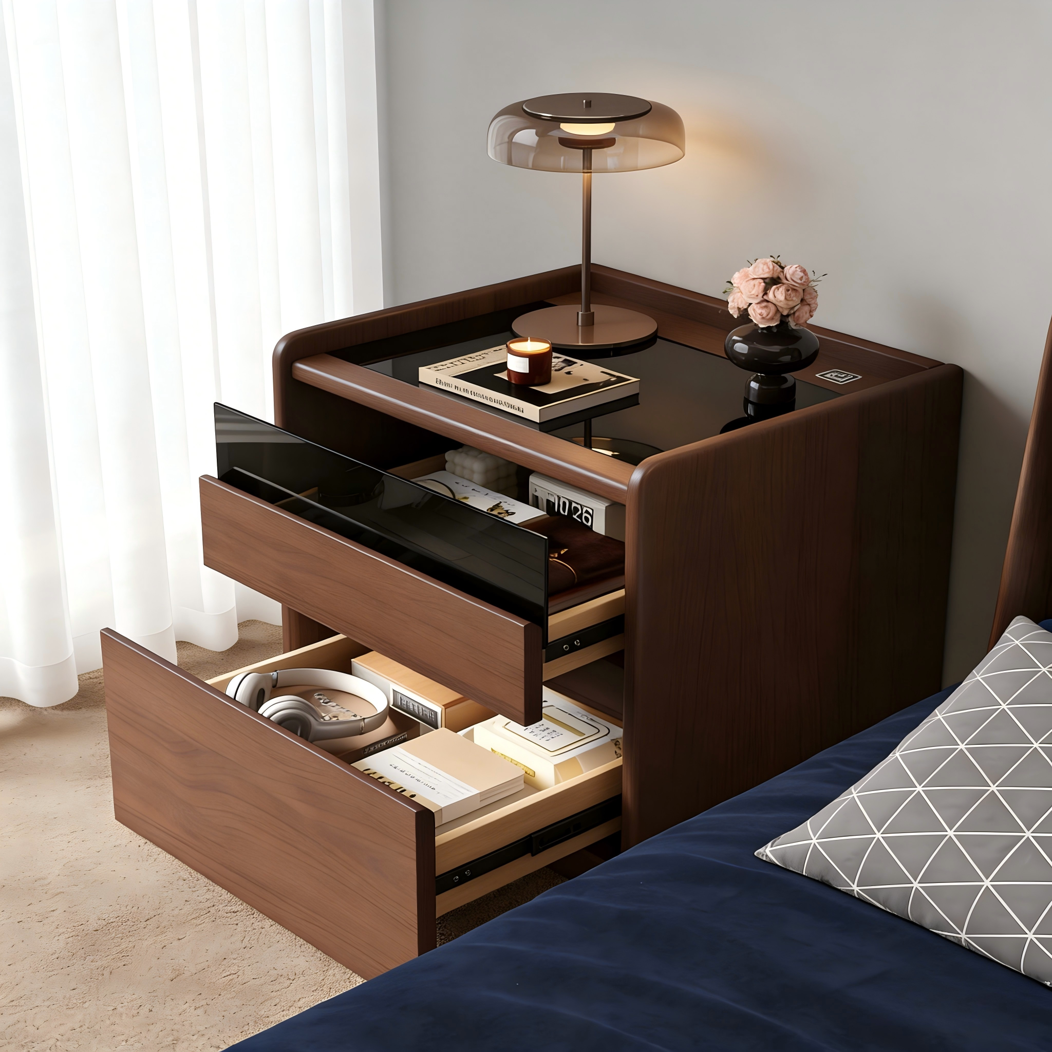 实木床头柜家用卧室创意收纳智能床边柜2026新款中古风储藏置物架