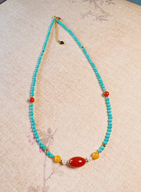 原创中国风优雅气质新中式天然绿松石红玛瑙蜜蜡串珠项链锁骨链