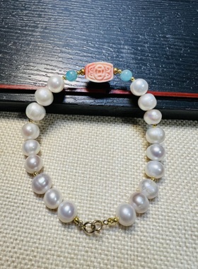 原创设计天然淡水白珍珠配天河石贝桶珠实拍款一图一物所见即所得