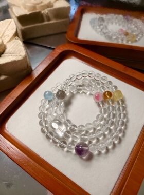大三圈多宝彩虹设计款双AA纯净体白水晶多宝8mm七宝手串项链两用