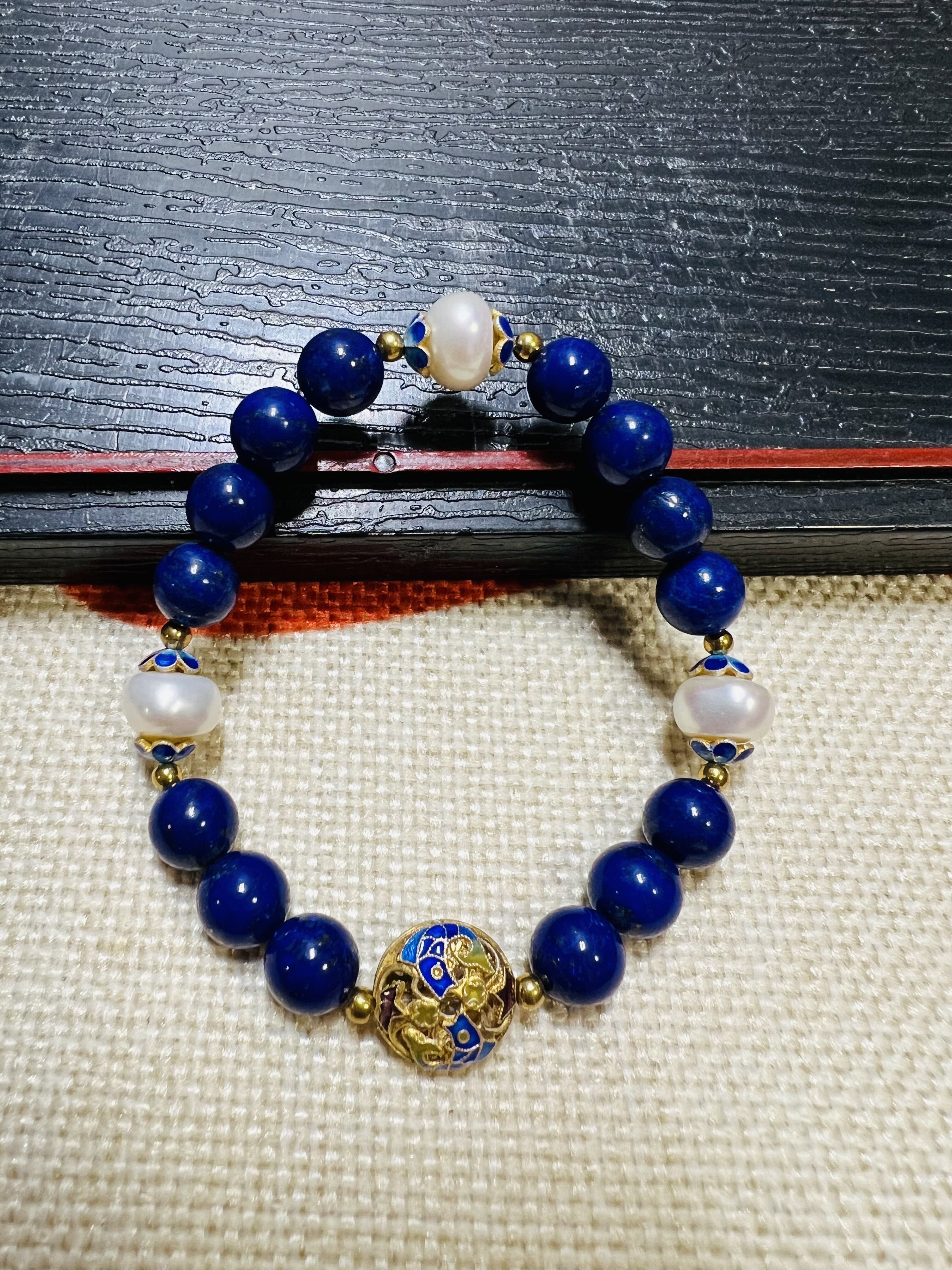 原创设计天然原矿阿富汗青金石配淡水白珍珠手串实拍款一图一物