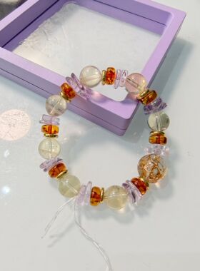 巴西黄水晶+紫水晶+金花珀+金箔锦鲤凤羽晶皇家复古宫廷风设计款