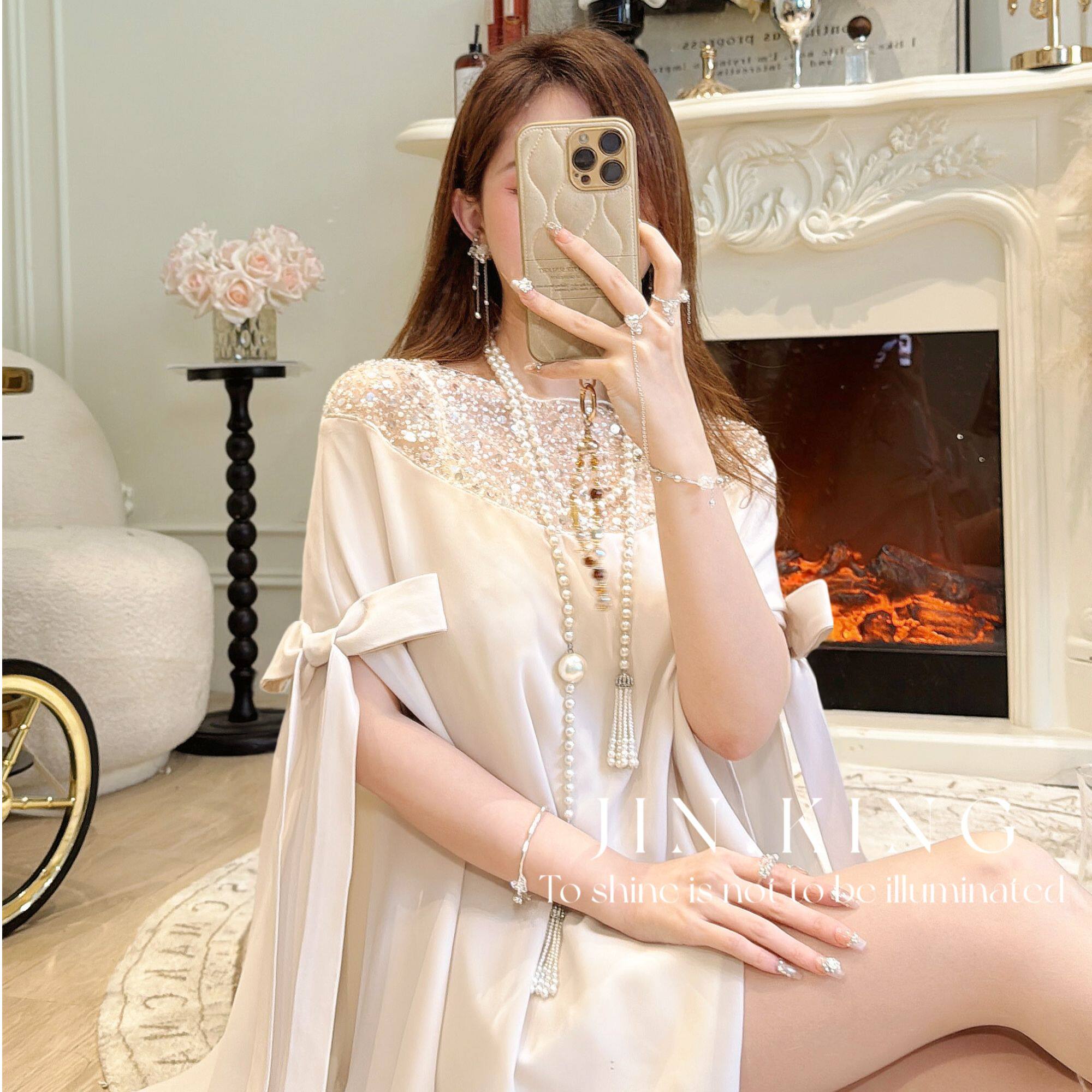 【JIN_KING】女装亮片轻奢珍珠时尚长袖显瘦精致斗篷上衣J0141