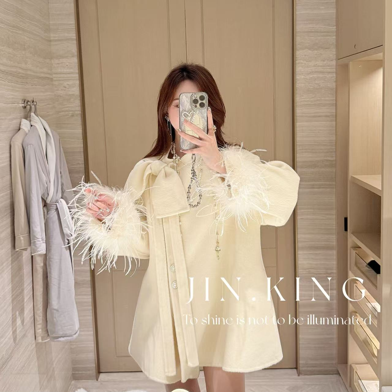 【JIN_KING】女装秋冬双面呢大衣高级感韩系毛袖羊毛呢外套J0124