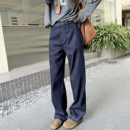 直筒宽松阔腿裤 女秋冬2025新款 深蓝色弯刀加绒牛仔裤 梨形藏肉裤