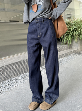 梨形藏肉裤~深蓝色弯刀加绒牛仔裤女秋冬2025新款直筒宽松阔腿裤