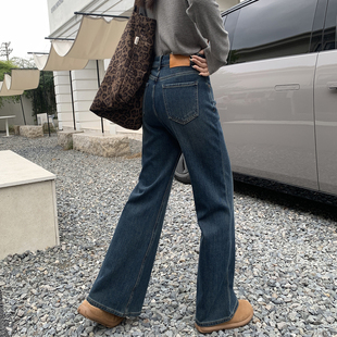 直筒宽松拖地阔腿裤 自留标杆裤 女秋冬新款 复古微喇加绒牛仔裤 型
