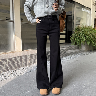 显瘦闭眼入~四面弹黑色微喇加绒牛仔裤女秋冬直筒宽松拖地阔腿裤