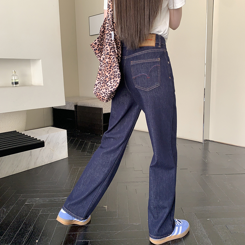 新年筷子腿~深蓝色窄版牛仔裤女春季2025新款直筒宽松拖地阔腿裤