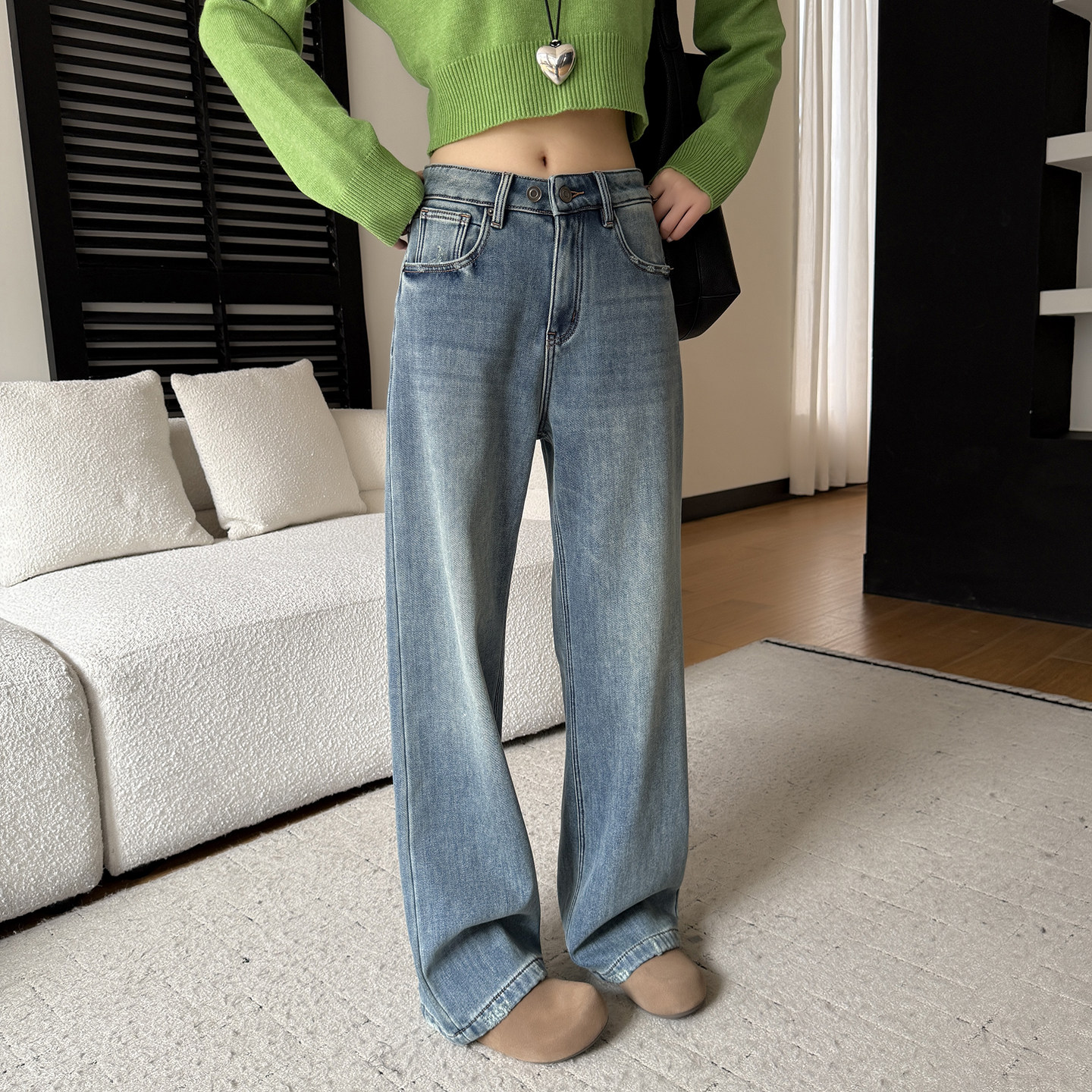 自留镇店裤型~复古加绒牛仔裤女冬季新款直筒宽松显瘦拖地阔腿裤,女装/女士精品,牛仔裤,淘宝优惠券,粉丝福利购,淘宝优惠卷