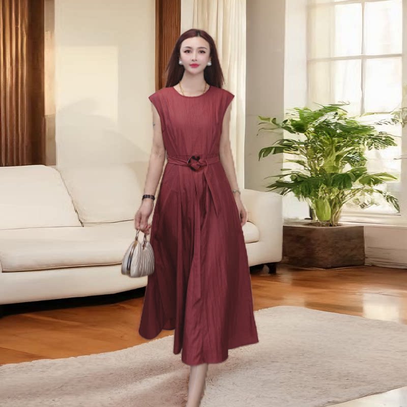 2026年新款法式时尚女装长款圆领连衣裙女夏季收腰系带A字大摆裙