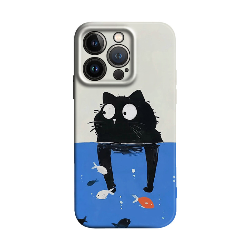 搞怪小猫偷捞鱼卡通可爱适用iPhone16 ProMax/15 plus苹果14Pro手机壳13玻璃12保护套华为荣耀oppo小米11vivo