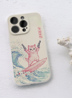 原创意可爱冲浪里猫猫凶狠双持猫白色适用iPhone16 ProMax/15 plus苹果14Pro手机壳13/12防摔保护套华为小米o