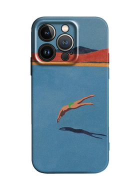 简约撞色艺术夏日跳水蓝色复古适用iPhone16promax手机壳15plus苹果14荣耀90保护套13全包防摔华为mate70pro