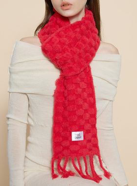 Mell仿貂毛流苏围巾 软糯双面针织女冬季保暖披肩礼物新年红