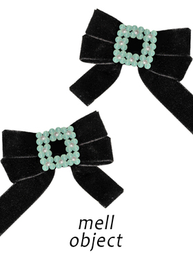 Mell翡翠白玉丝绒蝴蝶结发夹 边夹少女水晶珍珠发饰原创设计双面