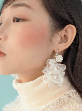 Mell丝网花耳环蕾丝高级设计感超仙网红原创花朵耳夹女无耳洞