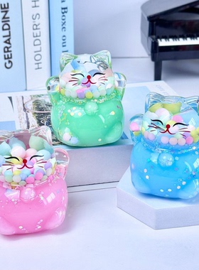 潮玩亚克力夜光爆闪招财猫创意入油流沙桌面摆件亚克力装饰品卡通