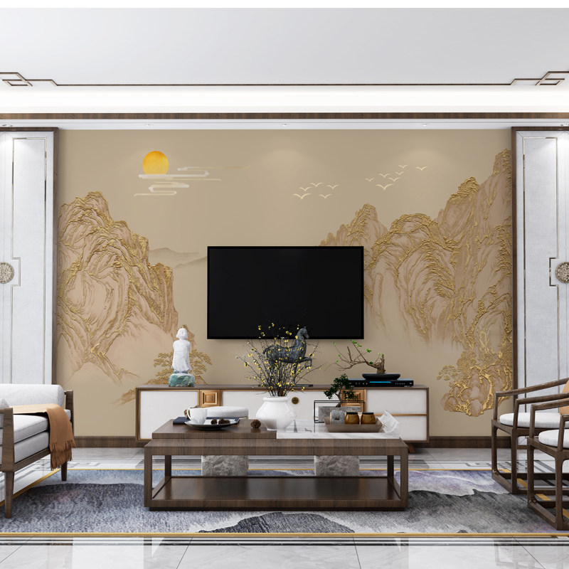 金色大气新中式山水电视背景墙壁纸轻奢客厅沙发影视墙布靠山壁画