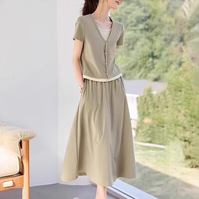 奥特莱斯专柜正品清仓撞色假两件休闲T恤半身裙套装夏季设计感女