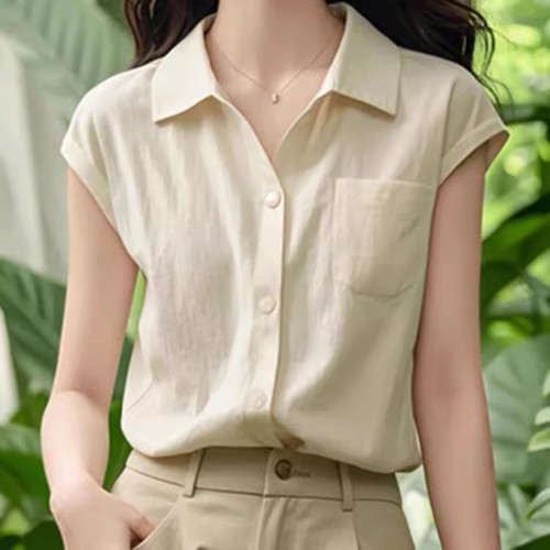 时尚简约绝美奶杏色翻领短袖衬衫女夏季新款独特通勤百搭遮肉小衫