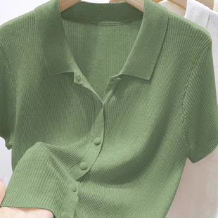 奥特莱斯专柜正品 T恤上衣 清仓老钱风Polo领针织开衫 宽松显瘦短袖