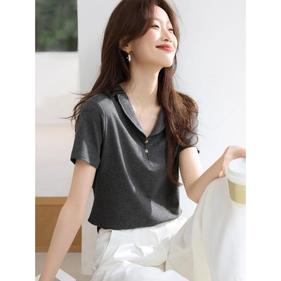 奥特莱斯专柜正品清仓设计感翻领短袖收腰显瘦衬衣夏季新款T恤女