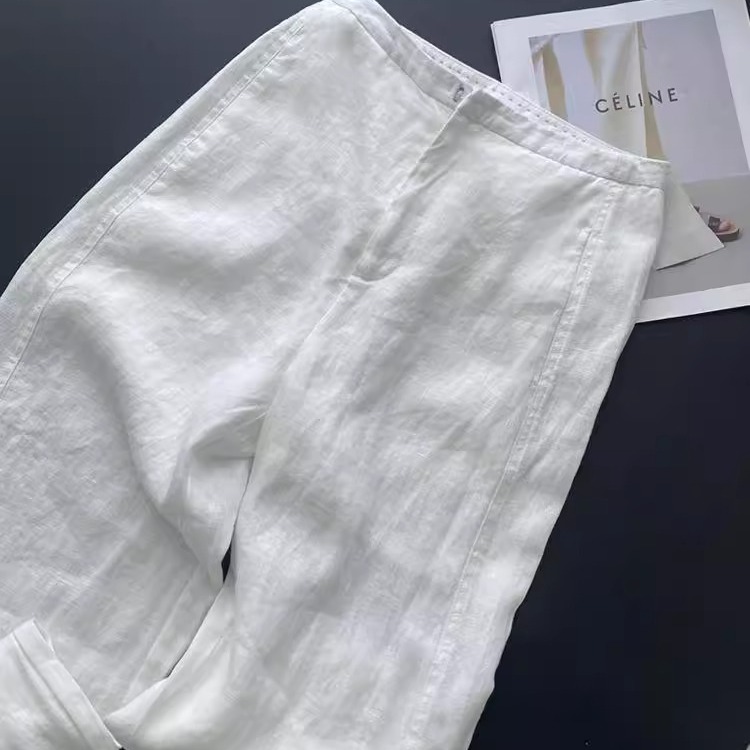 奥特莱斯专柜正品清仓白色高腰气质简约通勤棉麻直筒阔腿裤女夏季