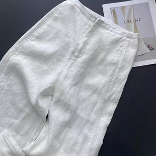 女夏季 奥特莱斯专柜正品 清仓白色高腰气质简约通勤棉麻直筒阔腿裤