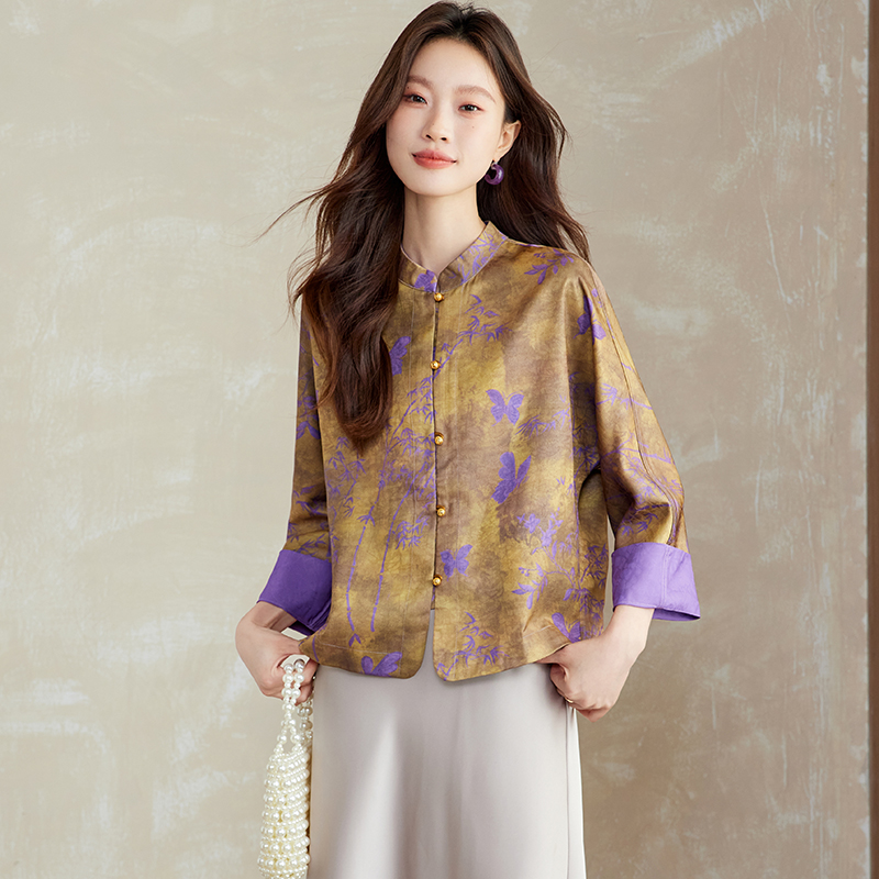 奥特莱斯专柜正品清仓新中式提花减龄外套女秋季复古盘扣宽松上衣