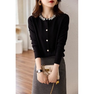奥莱女装清仓法式慵懒~领口镶钻钉珠经典色针织衫含羊毛优雅长袖