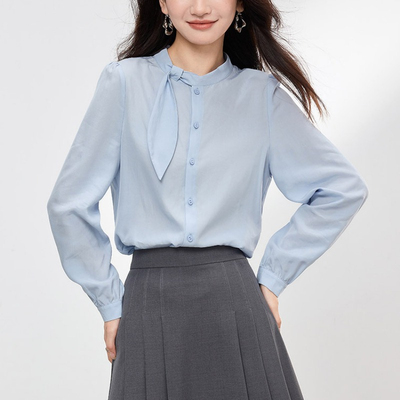 奥特莱斯专柜正品清仓2025春季新款衬衫女设计感飘带长袖天丝衬衣