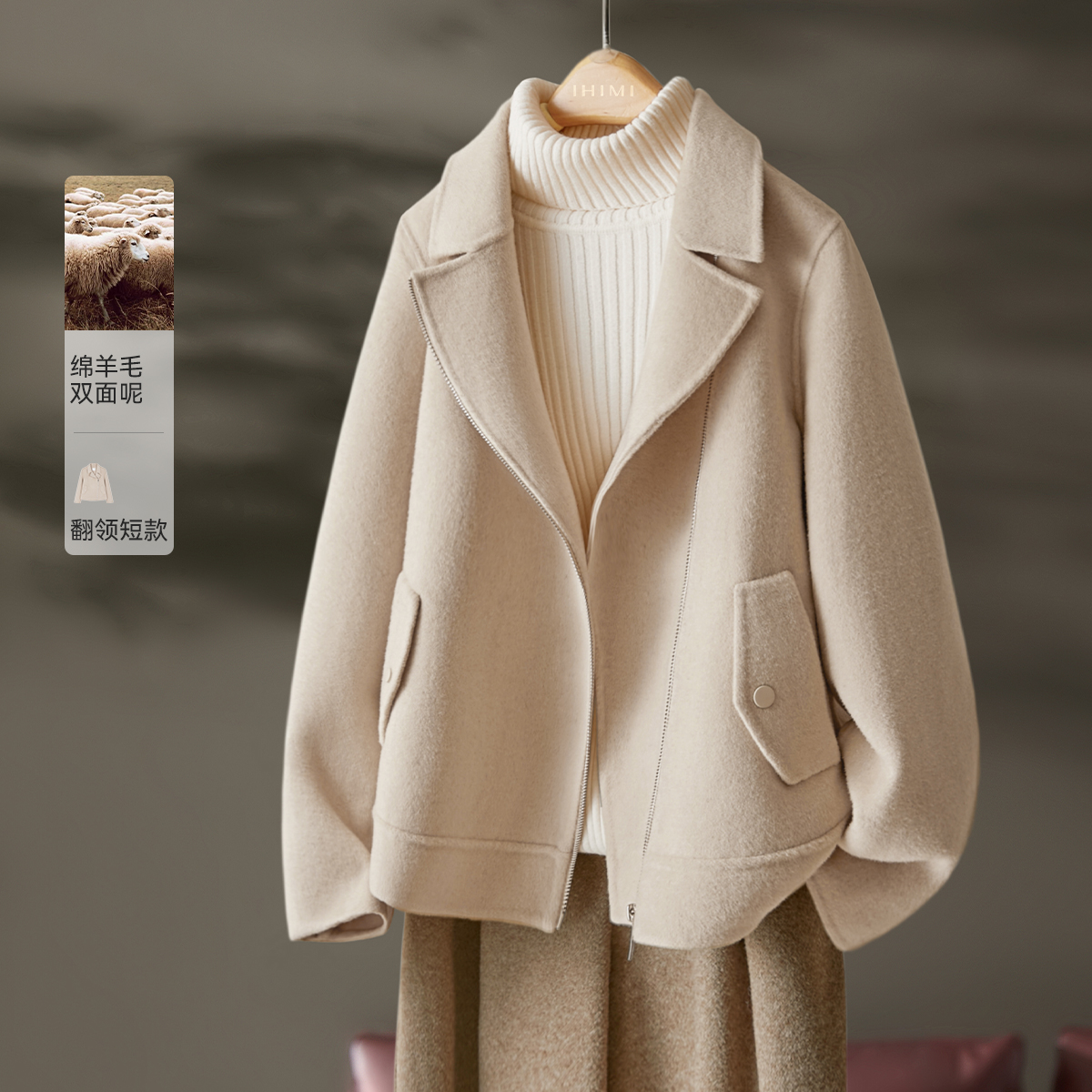 奥特莱斯专柜正品清仓极简风翻领短款绵羊双面毛呢大衣女冬季外套