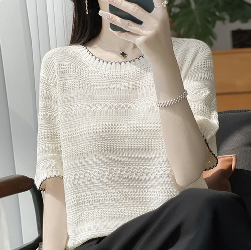 提花短袖打底衫冰丝针织衫上衣女