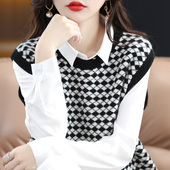 方格背心针织衫 奥特莱斯专柜正品 清仓拼色坎肩马甲时尚 打底毛衣女