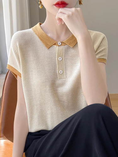 奥莱女装清仓减龄小翻领天丝针织短袖女夏新款时尚撞色T恤衫上衣