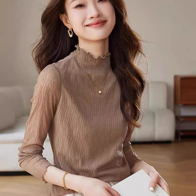 奥莱高端女装肌理蕾丝打底衫2025春秋花边半高领内搭长袖T恤上衣