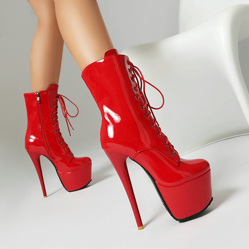 17厘米超高跟鞋恨天高细跟绑带低筒短靴圆头舞台演出防水台大码女