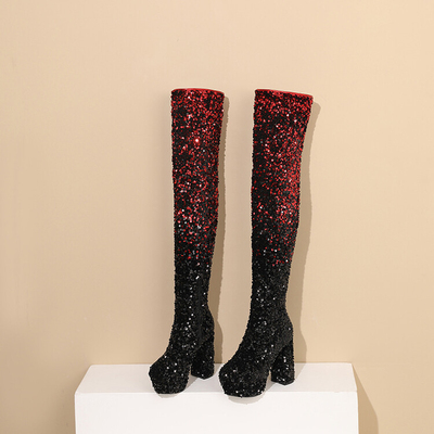 12CM超高跟鞋粗跟防水台大码情趣过膝长靴夜店DJ舞台gogo演出女鞋