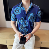 夏季印花短袖衬衫冰丝时尚休闲免熨衬衣男CS024-P58，男装T恤，星座1606-1