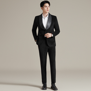 男士青果领拼皮西装时尚休闲西服套装2516-P220图片