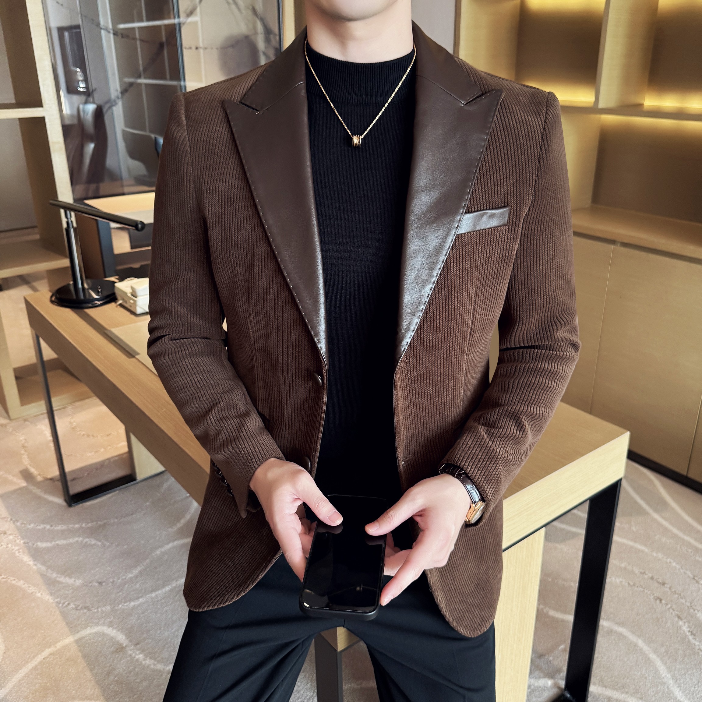 雪尼尔拼皮时尚休闲西装外套男士韩版修身西服DX58-P148，男装西服套装，星座1606-1