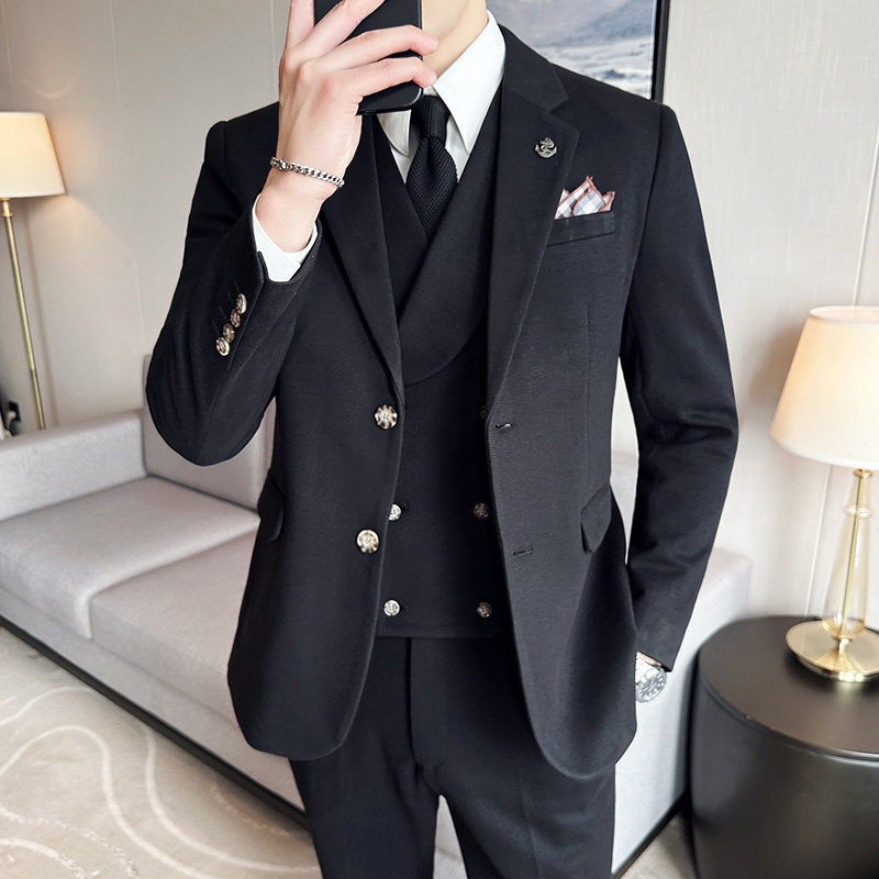 华夫格毛呢西服韩版修身商务西装三件套1851-P280,男装西服套装,星座1606-1