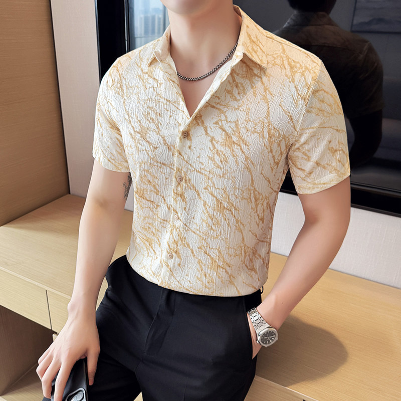 肌理纹短袖衬衫提花褶皱韩版修身免熨衬衣男CS021-P58,男装T恤,星座1606-1