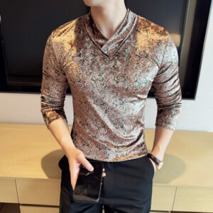 DS042-P50金丝绒玫瑰印花V领男士长袖T恤修身立体打底衫