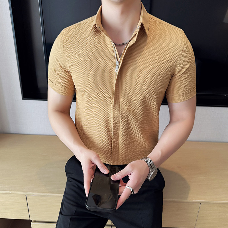 泡泡纱男士短袖拉链衬衫时尚百搭休闲免熨衬衣CS020-P63,男装T恤,星座1606-1