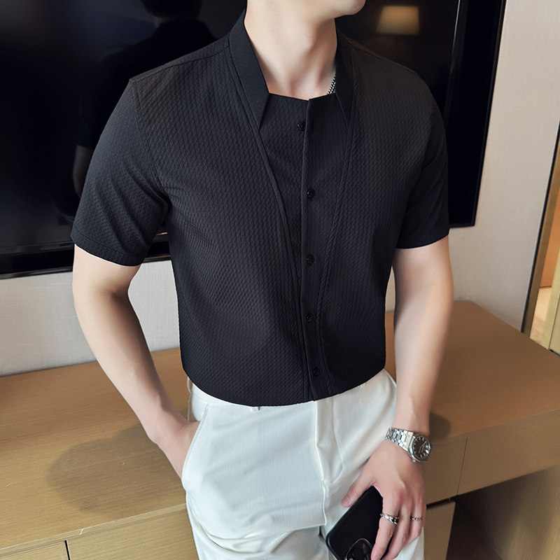 夏季立领格纹短袖衬衫商务休闲时尚免熨衬衣男CS030-P62，男装T恤，星座1606-1