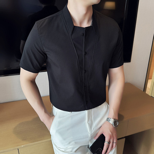 夏季立领格纹短袖衬衫商务休闲时尚免熨衬衣男CS030-P62,男装T恤,星座1606-1